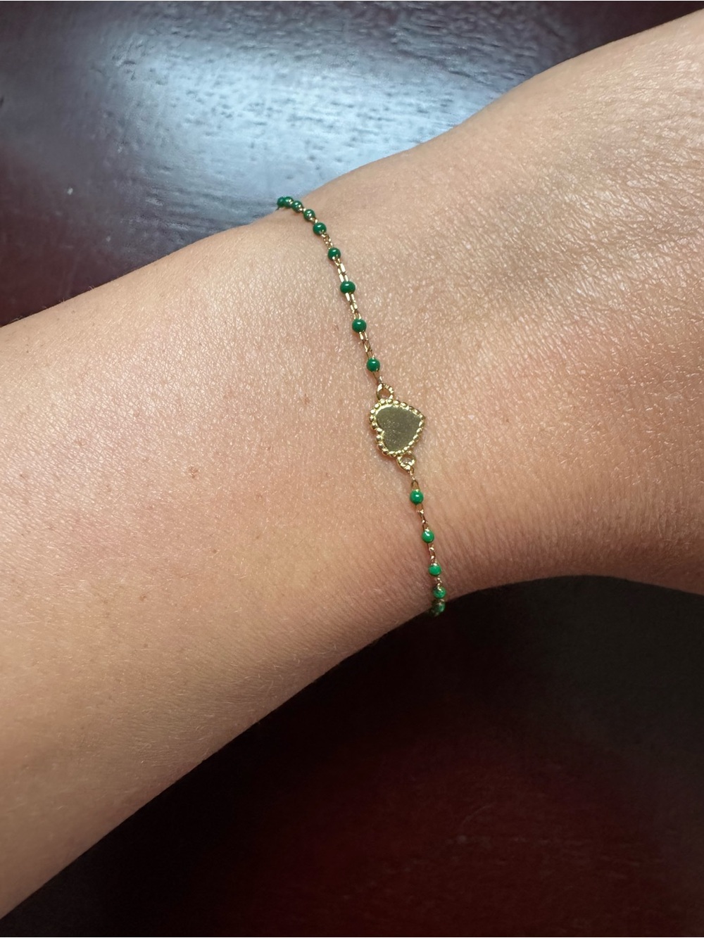 Dainty Gold Bracelet - gold heart with green beads